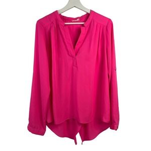 Sis Sis Size L Blouse Barbie Pink V-Neck Pullover Wrap Back Top Long Roll Sleeve